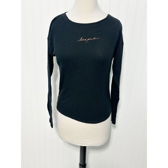 PINK Victoria's Secret Women's Love Pink Thermal Knitted Top Black‎ Size XS - Picture 10 of 10